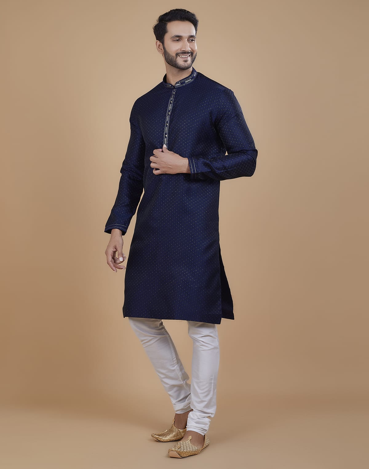 Aqua Blue Polka Dots Jacquard Kurta Pyjama Set