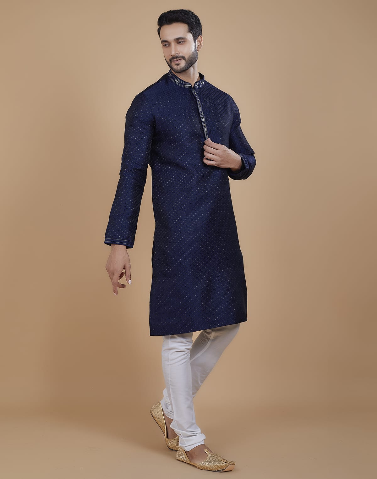 Collection of Aqua Blue Polka Dots Jacquard Kurta Pyjama Set in a gallery layout