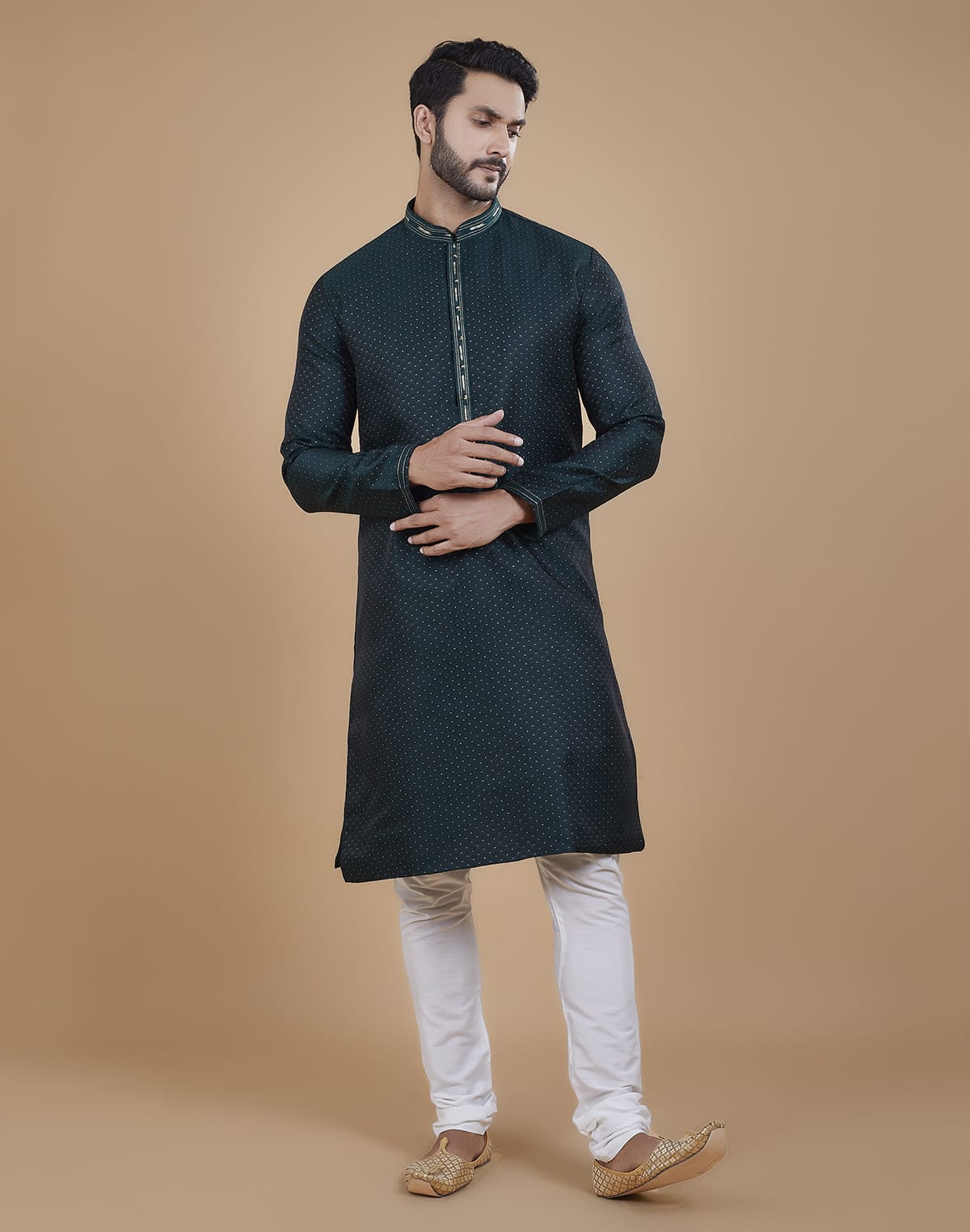 Collection of Stunning Green Coloured Jacquard Kurta Pyjama Set in a gallery layout