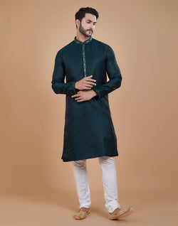 Collection of Stunning Green Coloured Jacquard Kurta Pyjama Set in a gallery layout