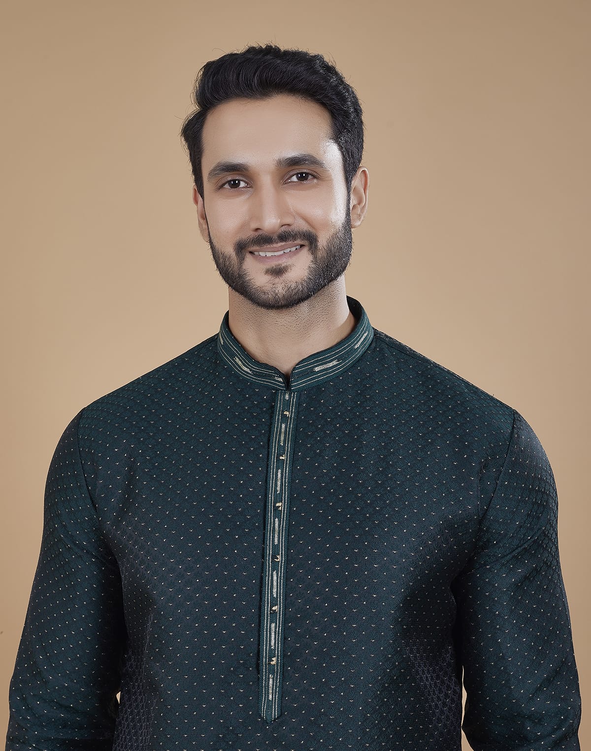 Collection of Stunning Green Coloured Jacquard Kurta Pyjama Set in a gallery layout