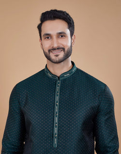 Collection of Stunning Green Coloured Jacquard Kurta Pyjama Set in a gallery layout