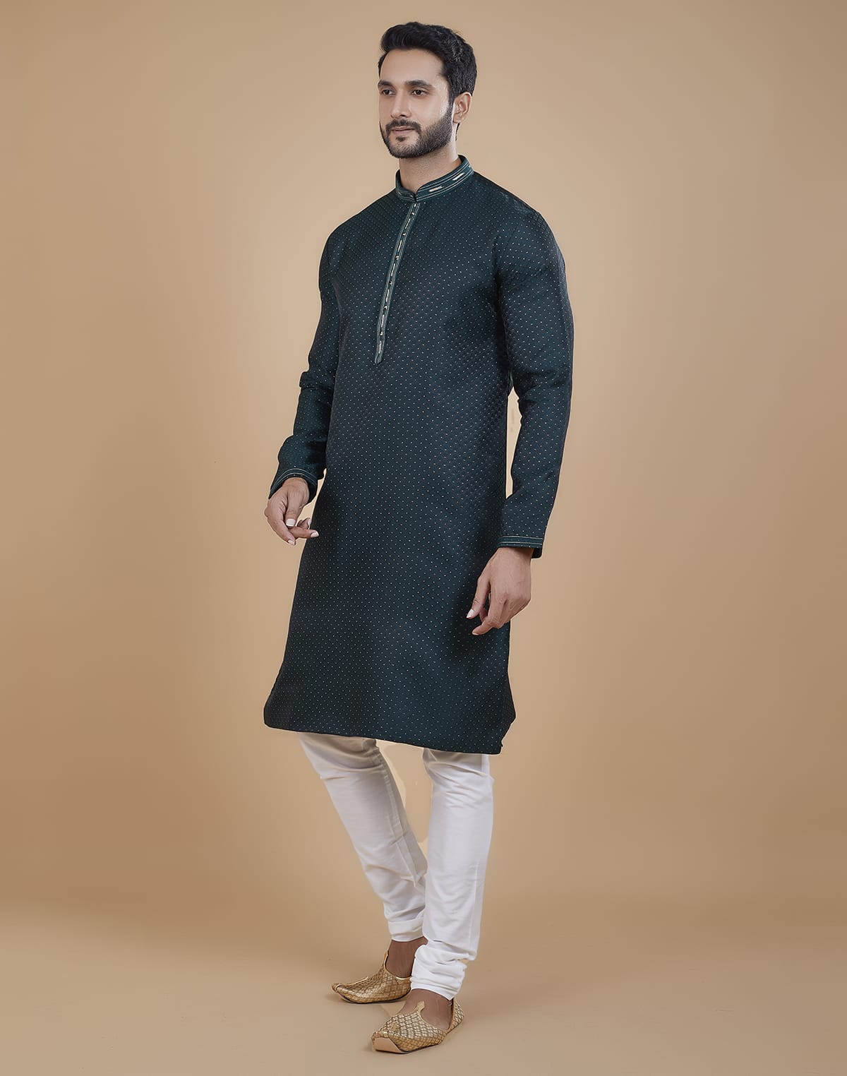 Collection of Stunning Green Coloured Jacquard Kurta Pyjama Set in a gallery layout