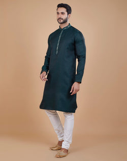 Collection of Stunning Green Coloured Jacquard Kurta Pyjama Set in a gallery layout