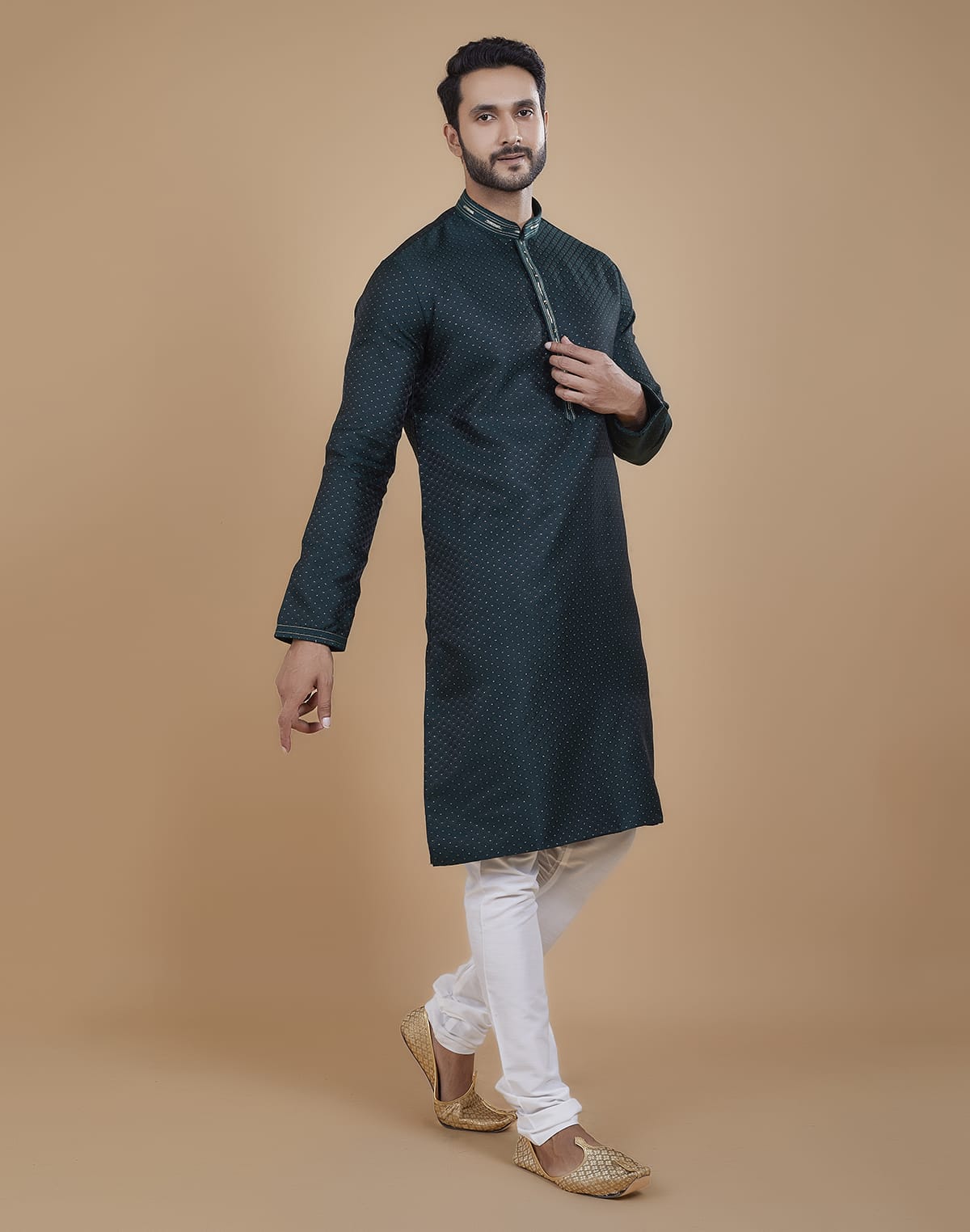 Collection of Stunning Green Coloured Jacquard Kurta Pyjama Set in a gallery layout