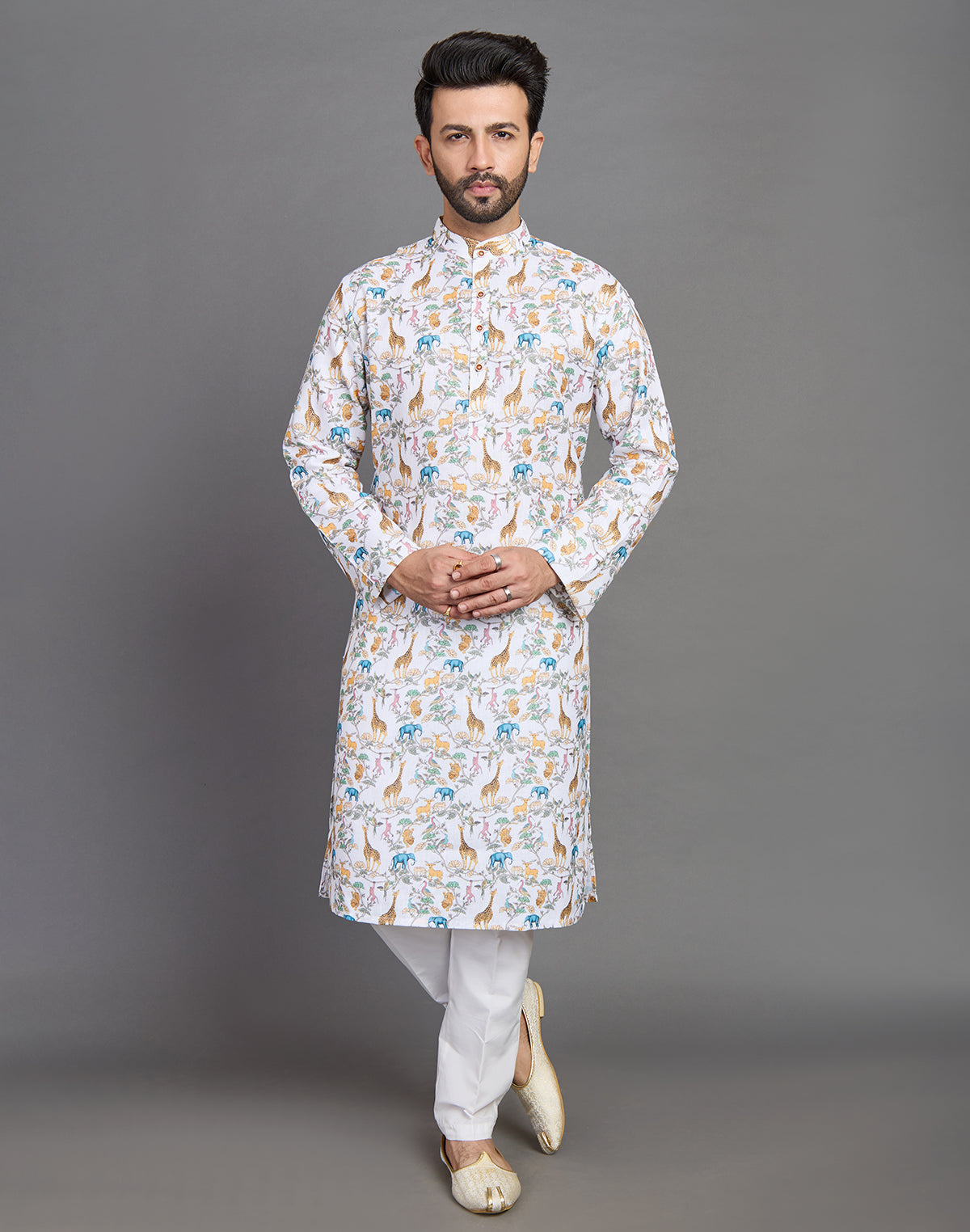 Stylish Yellow Floral With Animal Print Cotton Kurta