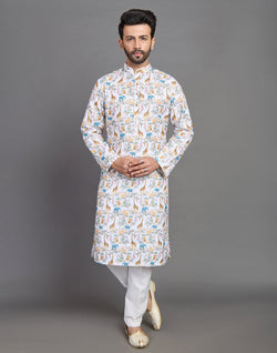 Collection of Stylish Yellow Floral With Animal Print Cotton Kurta in a gallery layout