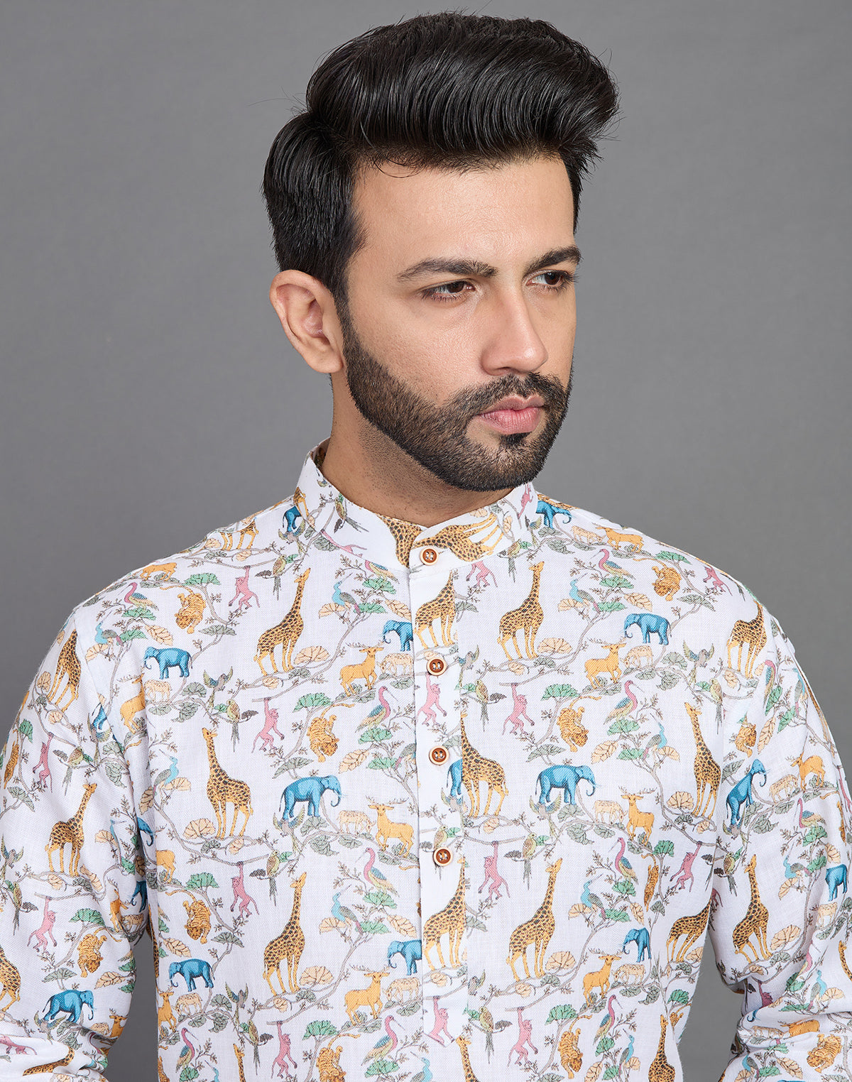 Collection of Stylish Yellow Floral With Animal Print Cotton Kurta in a gallery layout