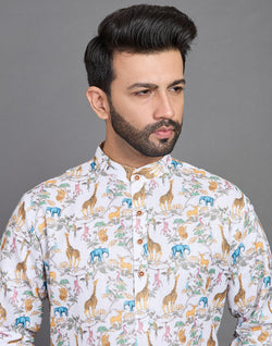 Collection of Stylish Yellow Floral With Animal Print Cotton Kurta in a gallery layout