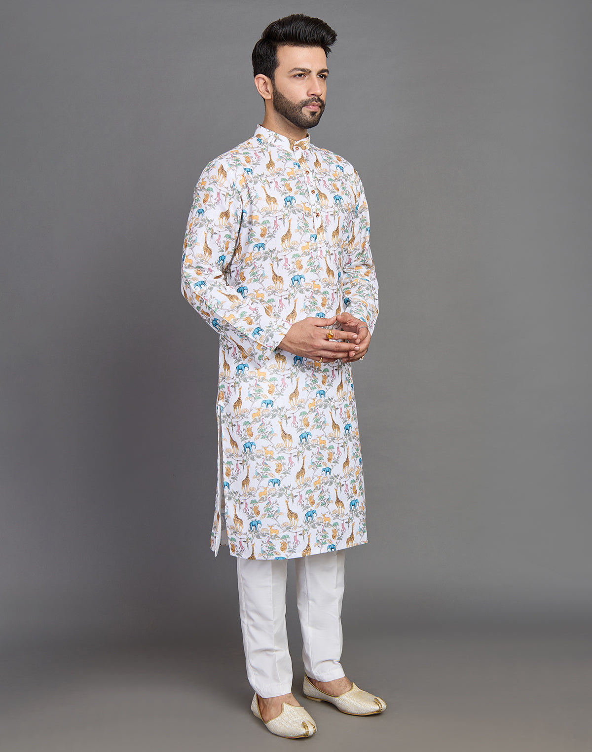 Collection of Stylish Yellow Floral With Animal Print Cotton Kurta in a gallery layout