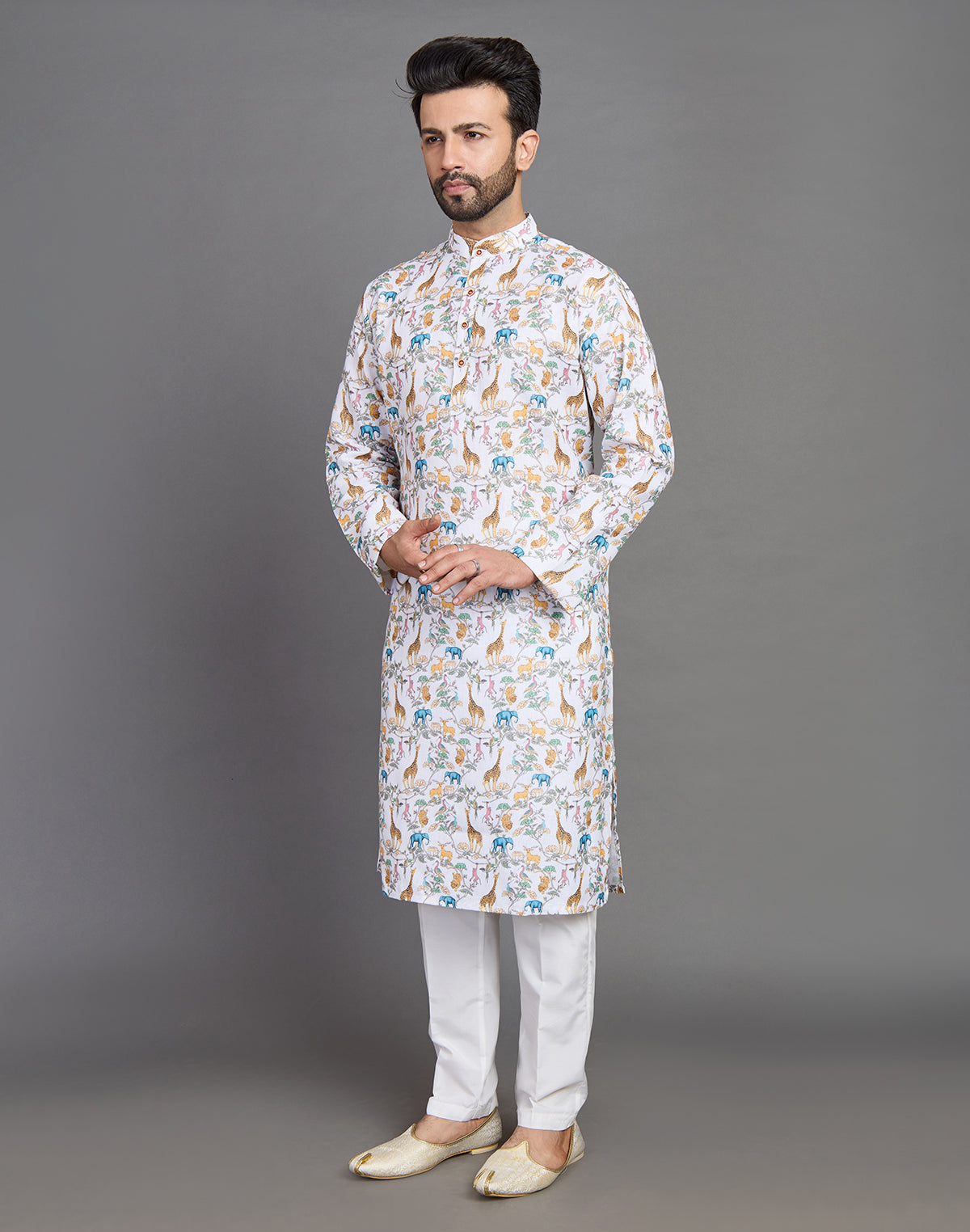 Collection of Stylish Yellow Floral With Animal Print Cotton Kurta in a gallery layout