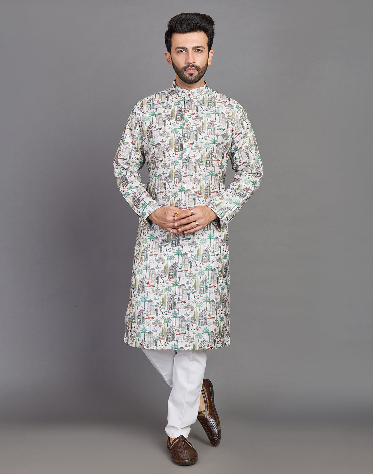 Collection of All Over Botanical and Novelty Print Green Cotton Kurta in a gallery layout