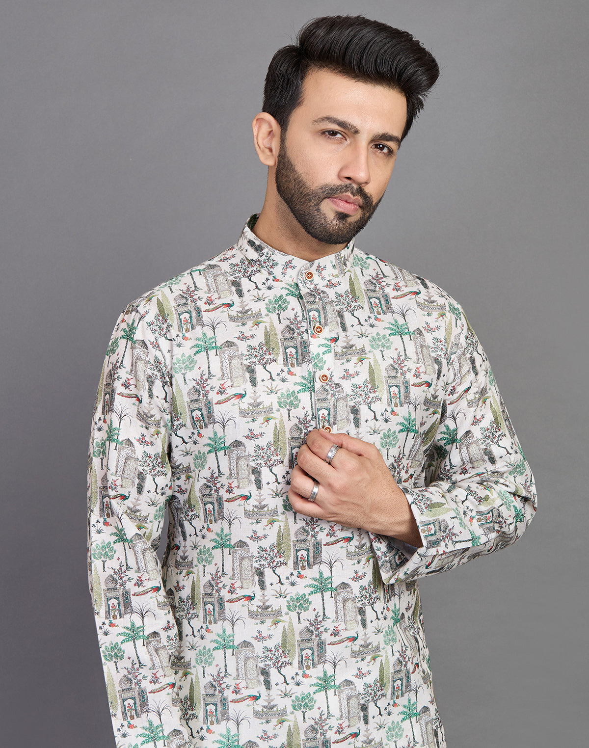 Collection of All Over Botanical and Novelty Print Green Cotton Kurta in a gallery layout