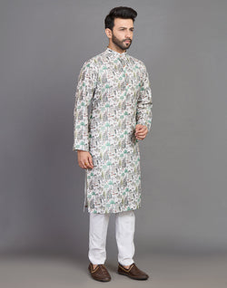 Collection of All Over Botanical and Novelty Print Green Cotton Kurta in a gallery layout