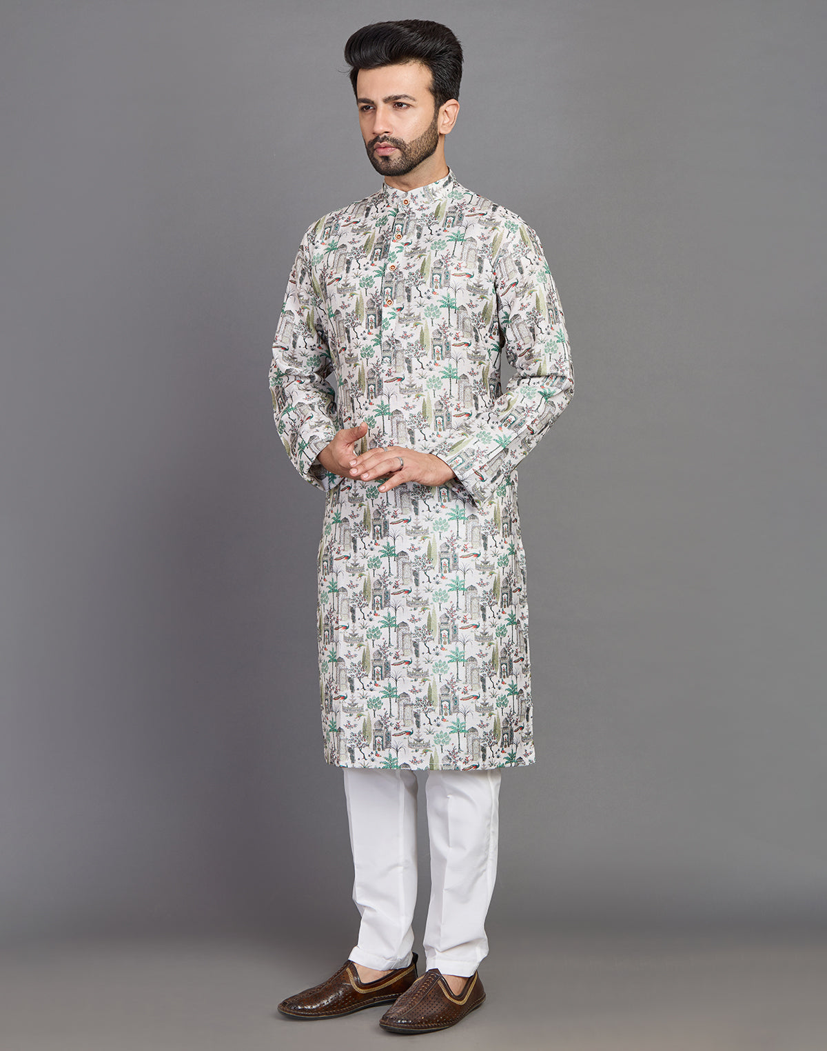 Collection of All Over Botanical and Novelty Print Green Cotton Kurta in a gallery layout