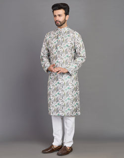 Collection of All Over Botanical and Novelty Print Green Cotton Kurta in a gallery layout