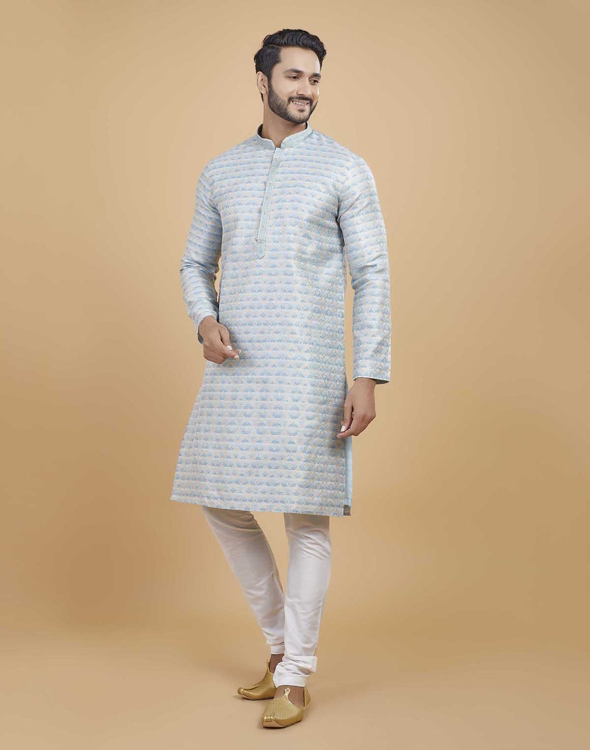 Collection of Silk Printed Kurta Pajama Set in a gallery layout