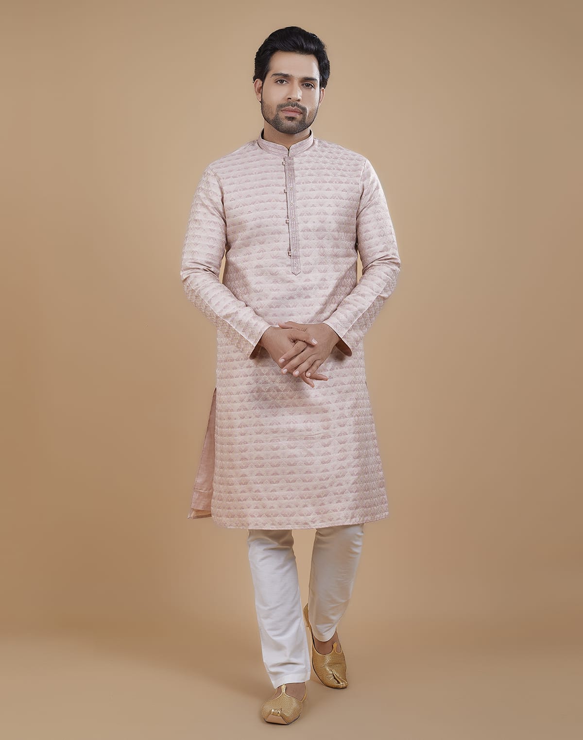 Light Pink Coloured Silk Fabric Kurta Pajama Set