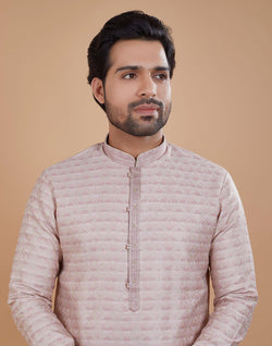 Collection of Light Pink Coloured Silk Fabric Kurta Pajama Set in a gallery layout