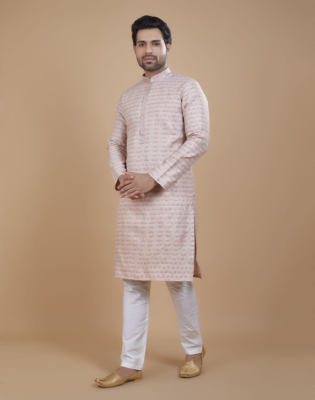 Collection of Light Pink Coloured Silk Fabric Kurta Pajama Set in a gallery layout