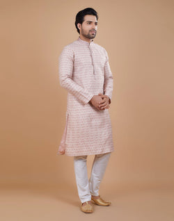 Collection of Light Pink Coloured Silk Fabric Kurta Pajama Set in a gallery layout