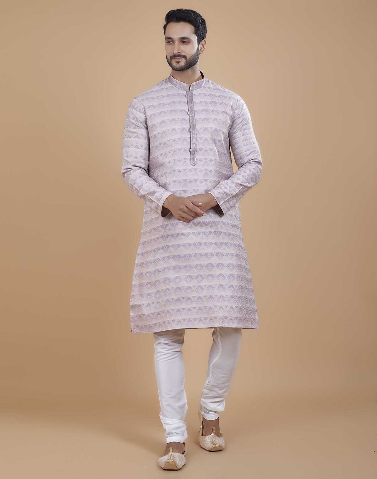 Collection of Purple Jacquard Kurta Pajama Set in a gallery layout