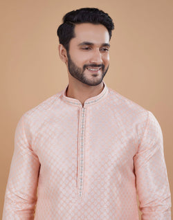 Collection of Peach All Over Silver Bootis Kurta Set in a gallery layout