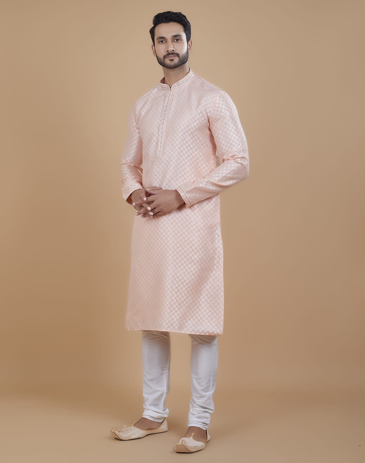 Collection of Peach All Over Silver Bootis Kurta Set in a gallery layout