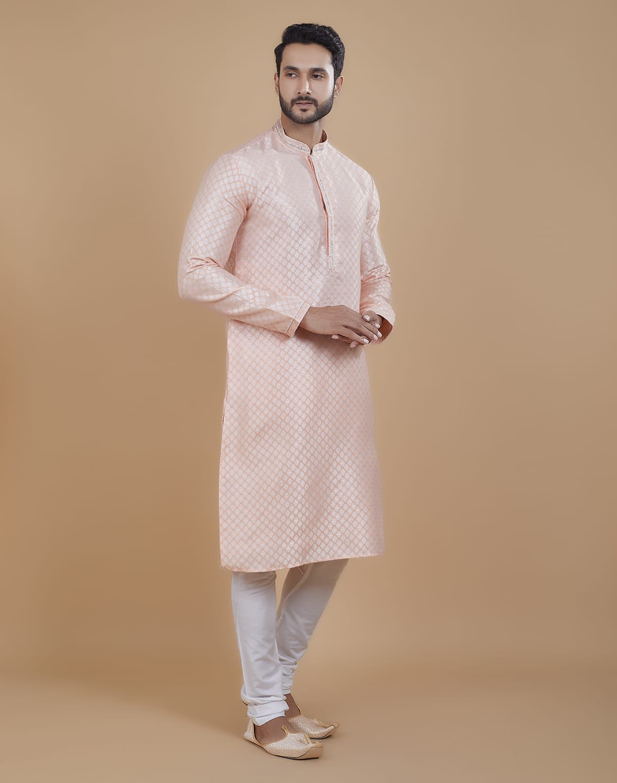 Collection of Peach All Over Silver Bootis Kurta Set in a gallery layout