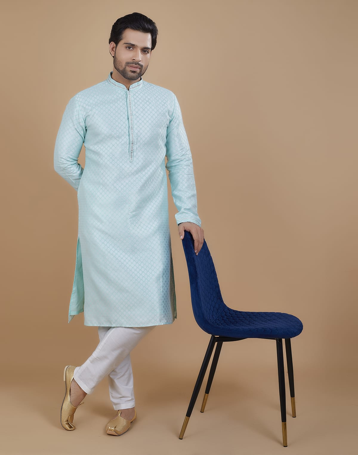 Collection of All Over Silver Bootis Kurta Set in a gallery layout