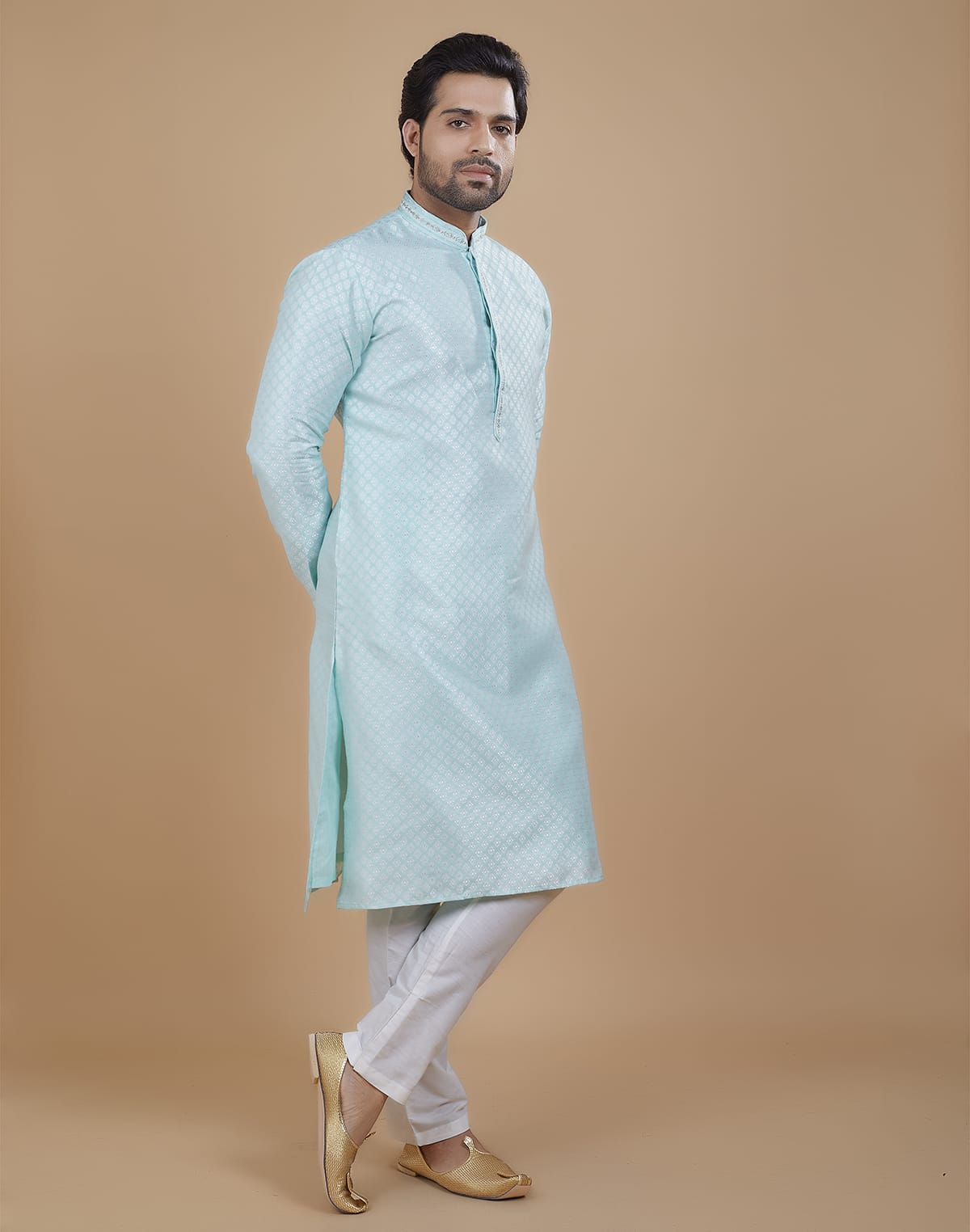 Collection of All Over Silver Bootis Kurta Set in a gallery layout