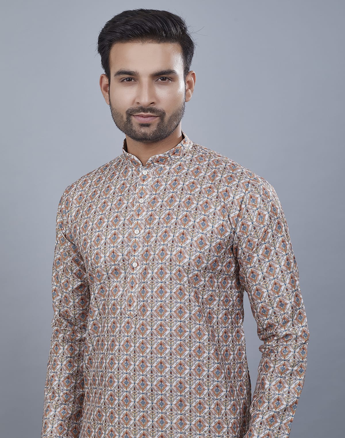 Collection of Brocade All Over Multi Color Stylish Printed Kurta Set in a gallery layout