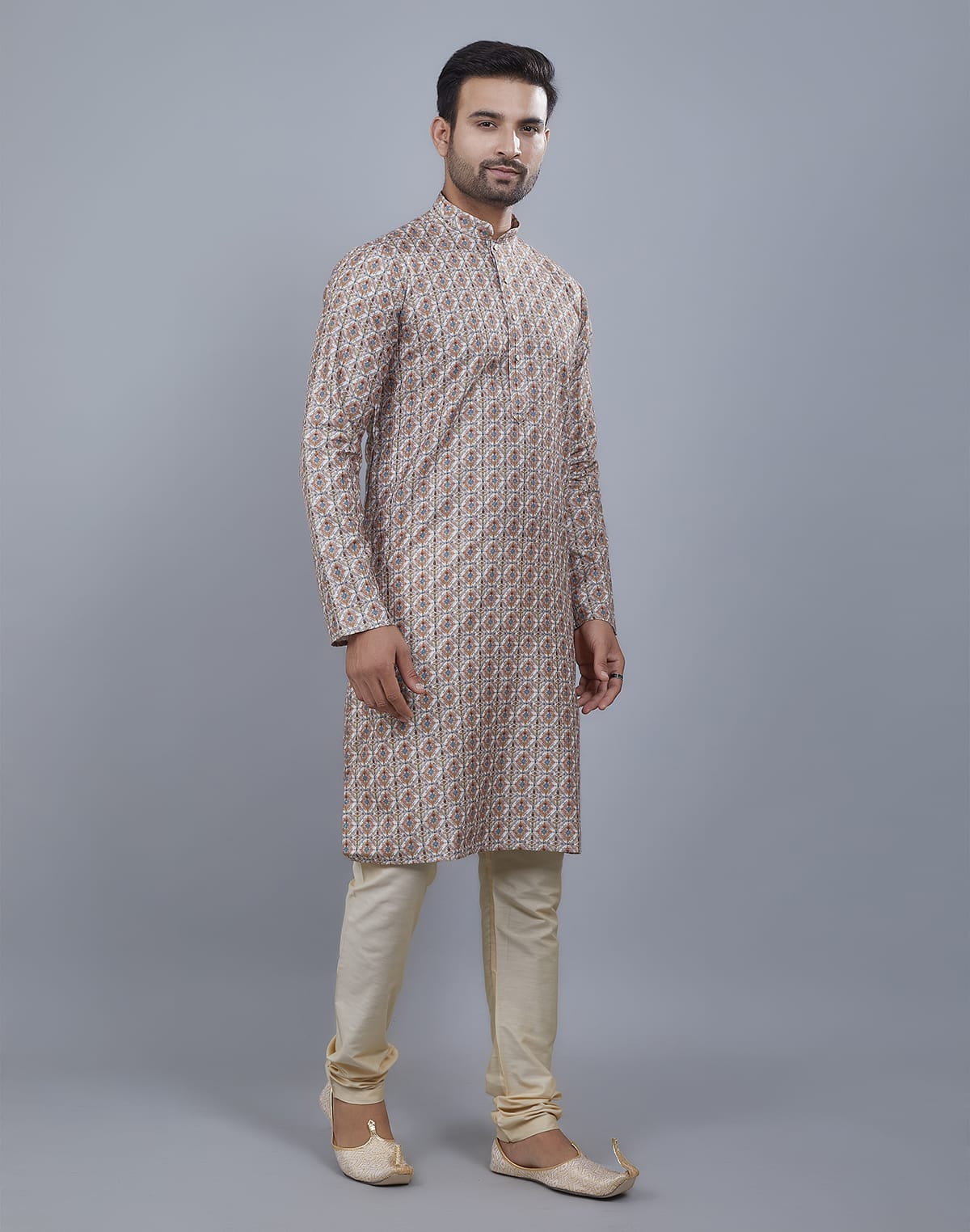 Collection of Brocade All Over Multi Color Stylish Printed Kurta Set in a gallery layout