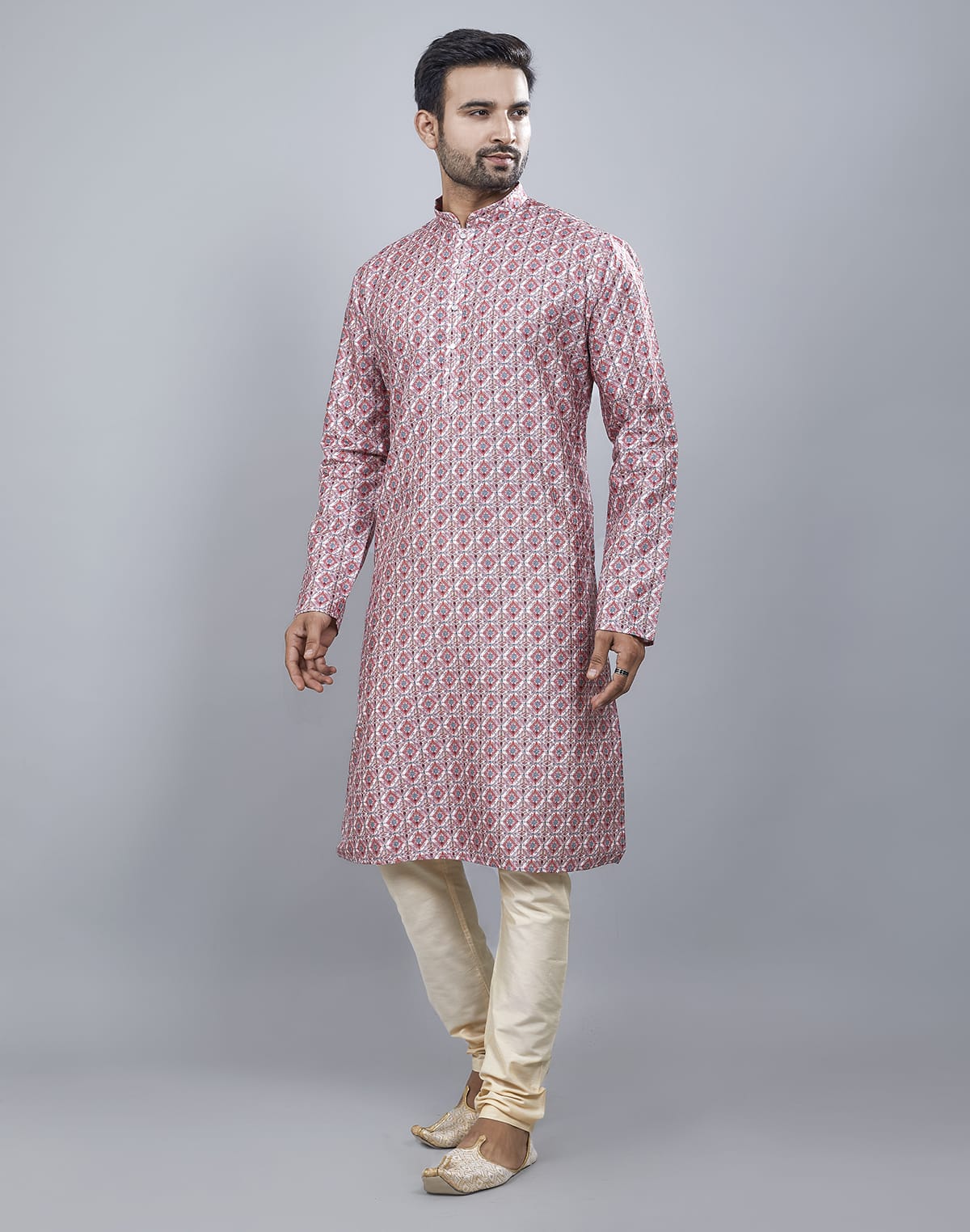 Collection of Brocade All Over Multi Color Printed Kurta Set in a gallery layout