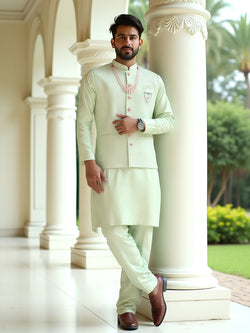 Collection of Pista Green Self Design Milky Silk Embellished Work Kurta Set With Mala in a gallery layout