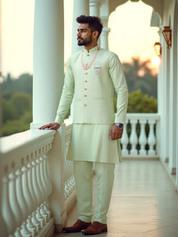 Collection of Pista Green Self Design Milky Silk Embellished Work Kurta Set With Mala in a gallery layout