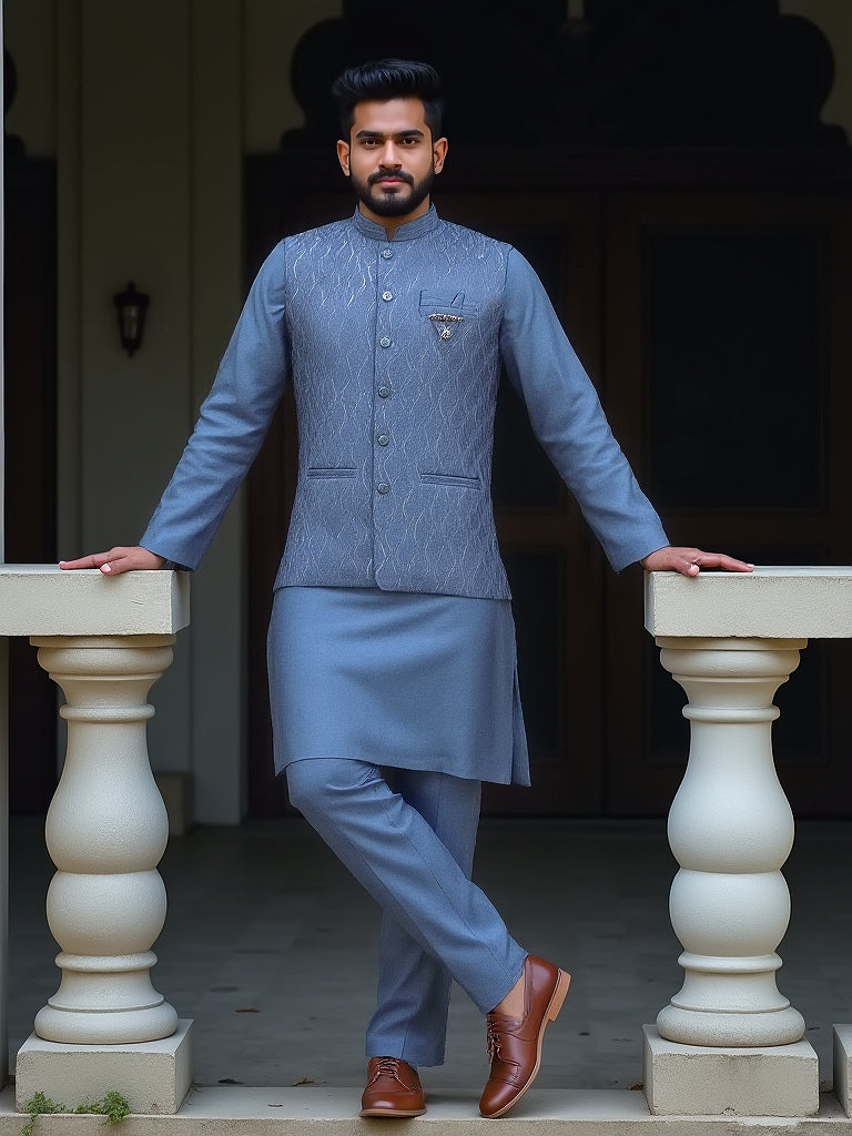 Collection of All Over Sequence Work Self Design Teal Blue Colour Kurta Jacket Set in a gallery layout