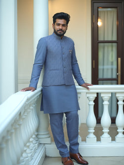 Collection of All Over Sequence Work Self Design Teal Blue Colour Kurta Jacket Set in a gallery layout