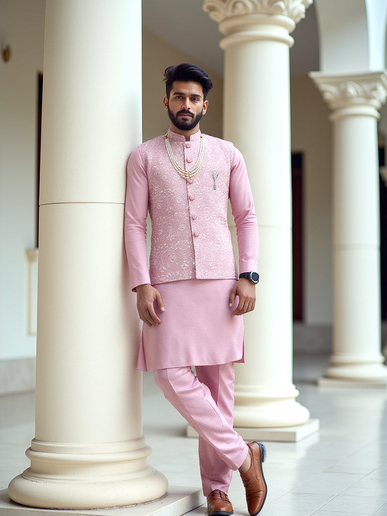 Collection of Stylish Pink Coloured Thread Embroidery Floral Milky Silk Kurta Jacket Set in a gallery layout