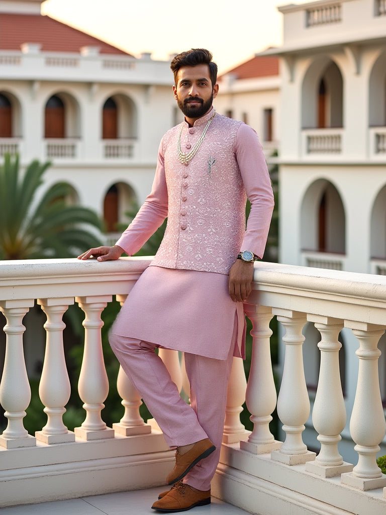 Stylish Pink Coloured Thread Embroidery Floral Milky Silk Kurta Jacket Set