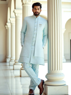 Collection of Sea Green Self Patterned Giza Cotton Thread Work Kurta Jacket Set in a gallery layout