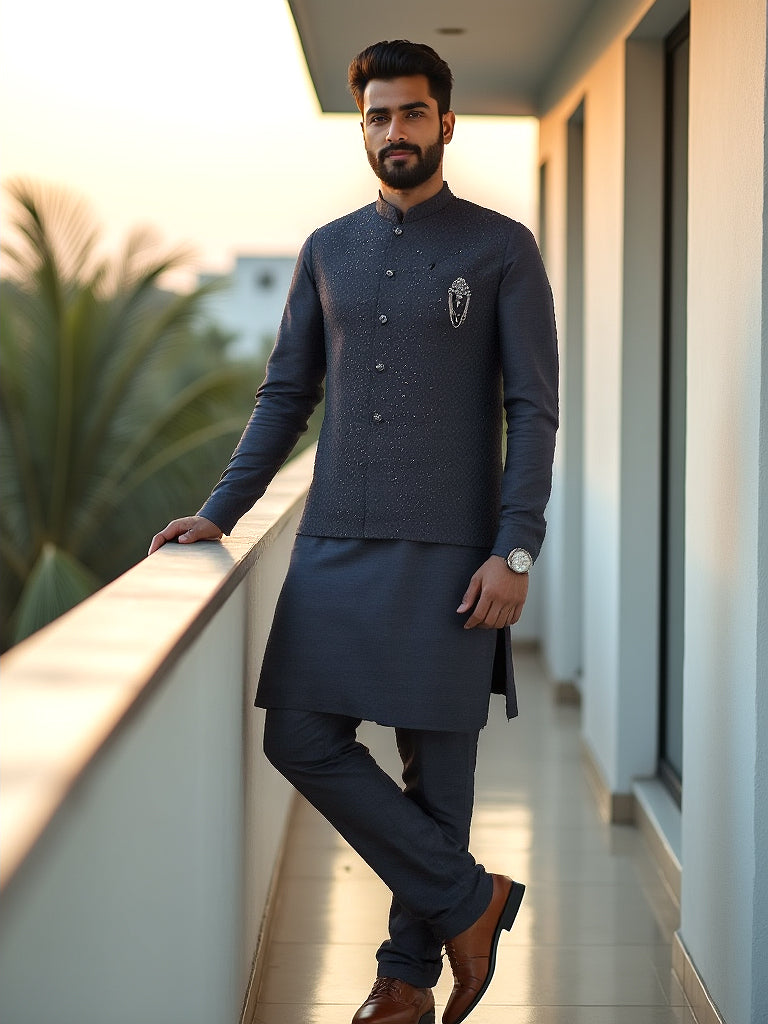 Collection of All Over Sequence Work Black Self Design Raw Silk Kurta Set in a gallery layout