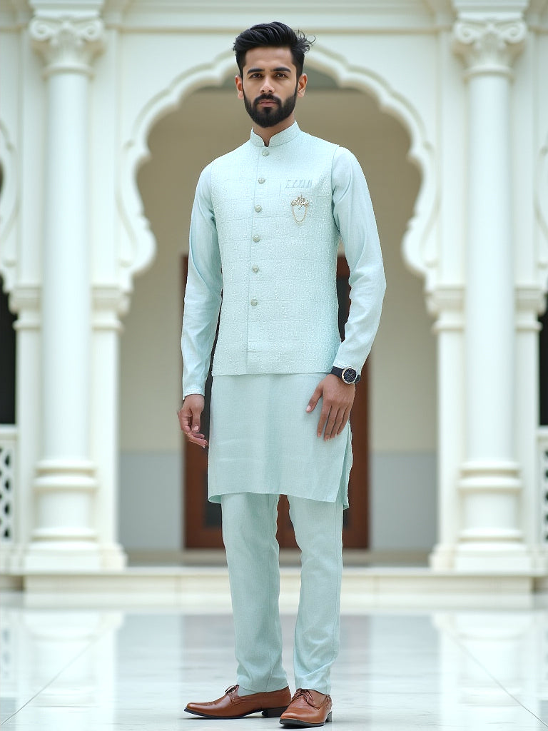 Sky Blue Self Design Milky Silk Thread Work Kurta Set