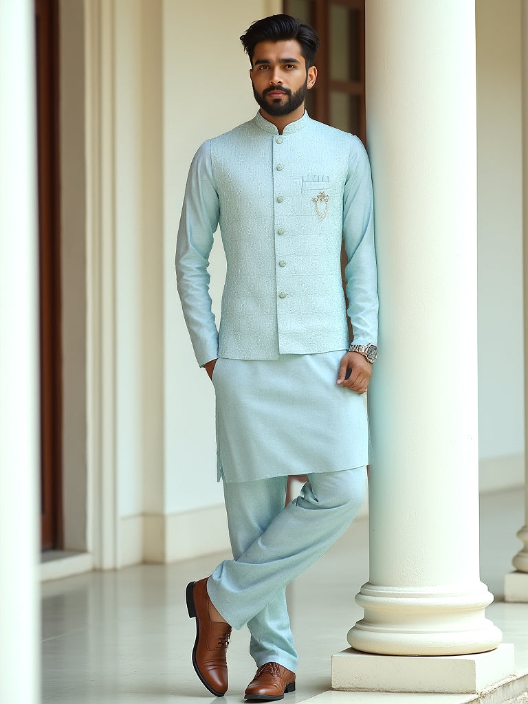 Collection of Sky Blue Self Design Milky Silk Thread Work Kurta Set in a gallery layout