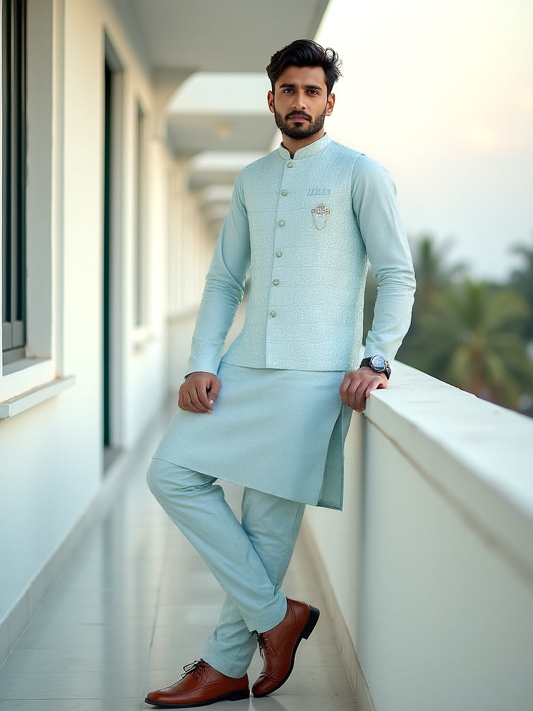 Collection of Sky Blue Self Design Milky Silk Thread Work Kurta Set in a gallery layout