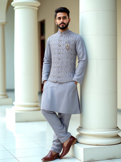 Collection of Grey Milky Silk Floral Design Embroidery Party Wear Kurta Jacket in a gallery layout