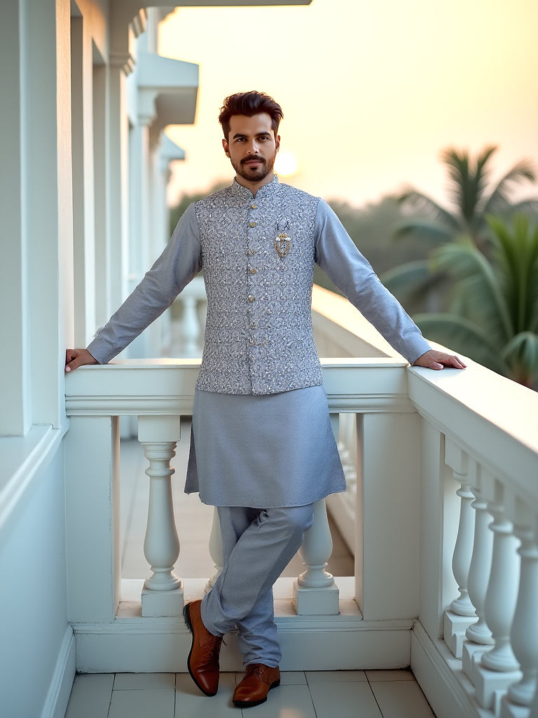 Grey Milky Silk Floral Design Embroidery Party Wear Kurta Jacket