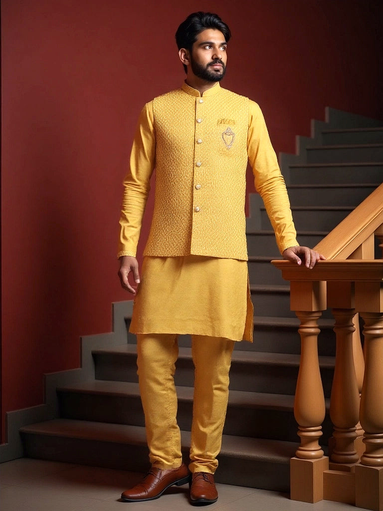 Yellow Self Design Milky Silk Thread Work Kurta Set