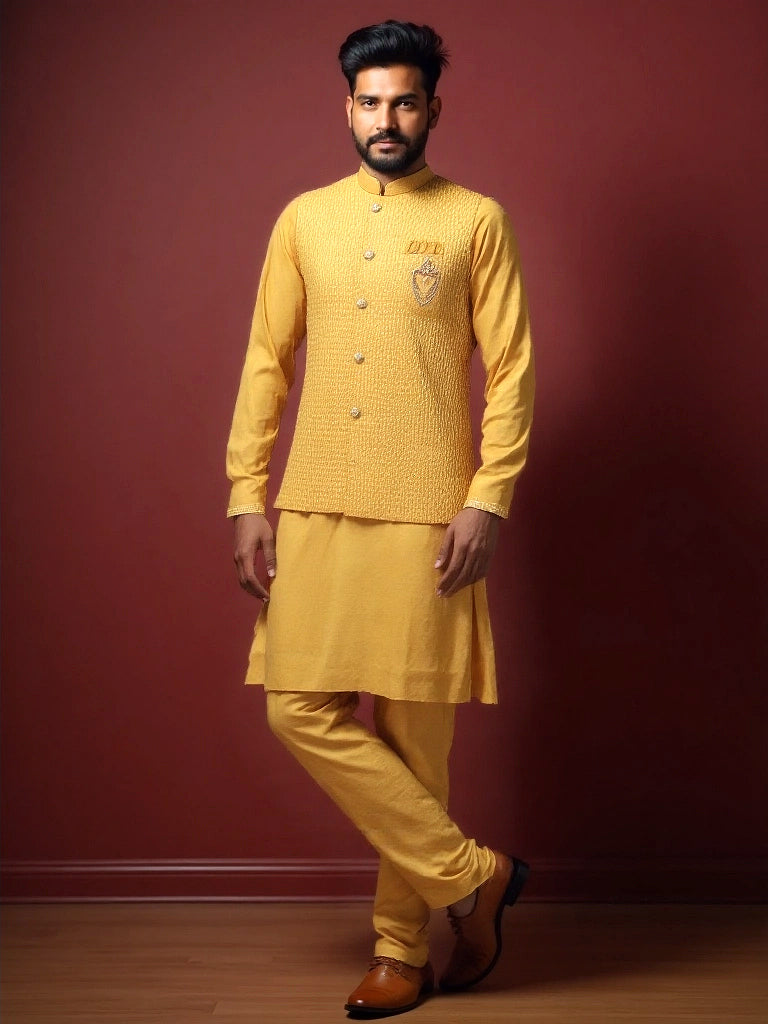 Collection of Yellow Self Design Milky Silk Thread Work Kurta Set in a gallery layout