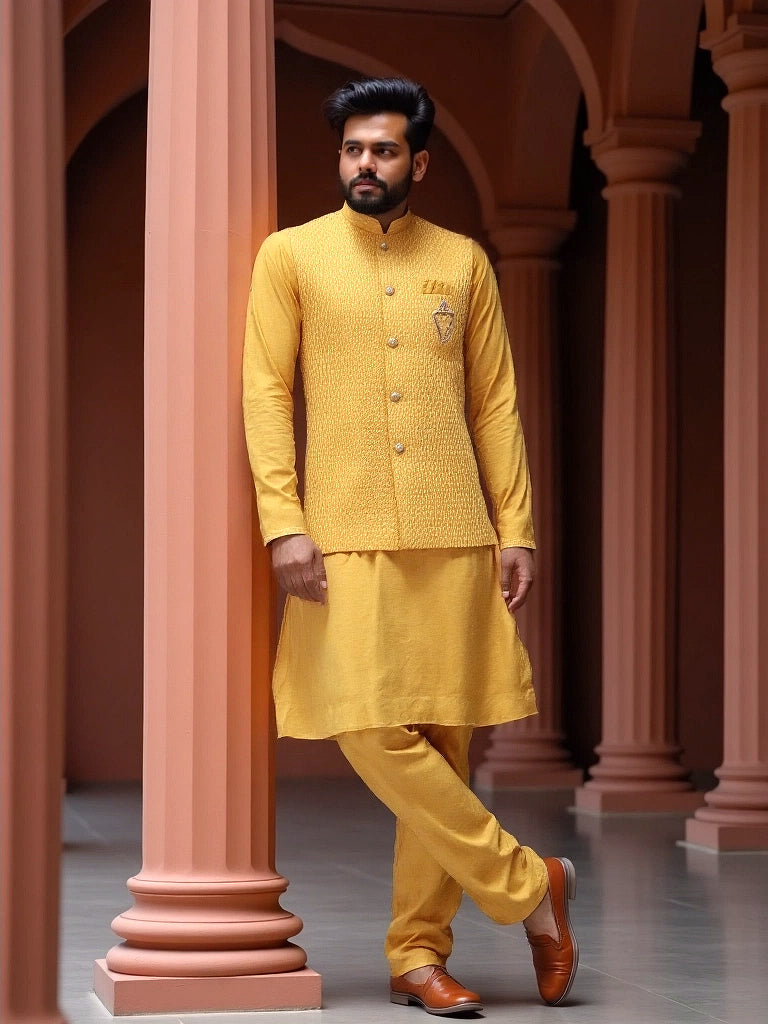 Collection of Yellow Self Design Milky Silk Thread Work Kurta Set in a gallery layout